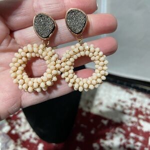 Black Faux Crystal and Pink Iridescent Bead Pierced Earrings. Gold tone